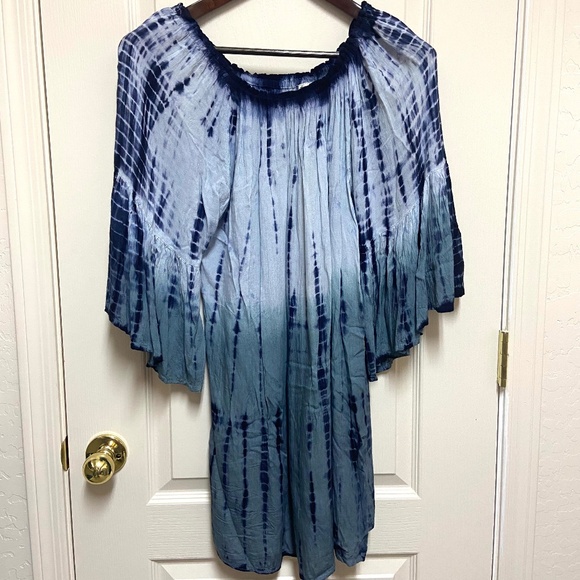 Boho Whimsigoth Shibori Tie-Dye Peasant Rayon Tunic Top L Flowy Bell Sleeve - Picture 1 of 12